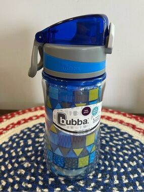 Bubba Kids Water Bottle 12 oz Flip Top Spout Blue Geometric with Carry Loop New.